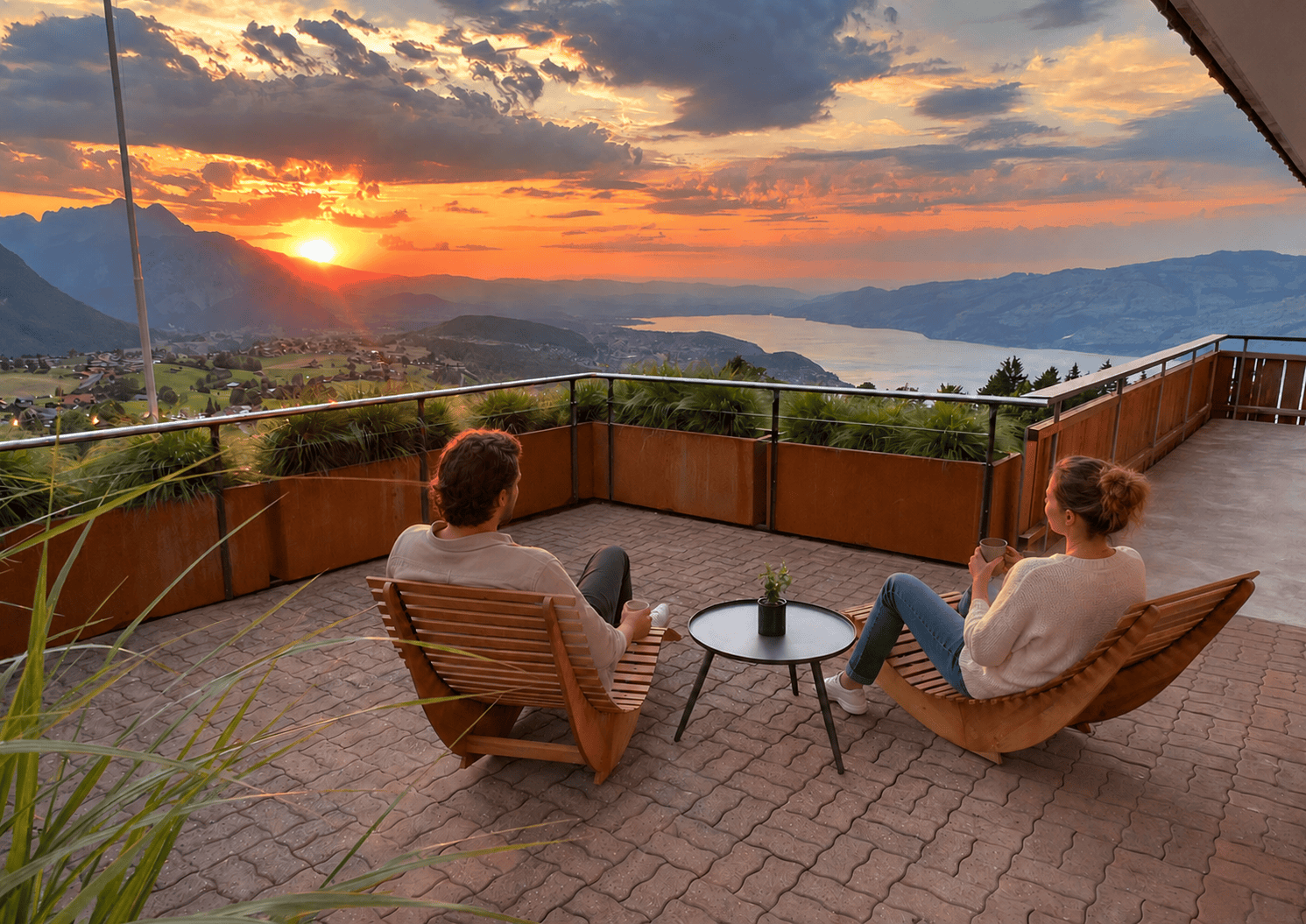 Sonnenuntergang auf Terrasse Paar auf Liegestühlen